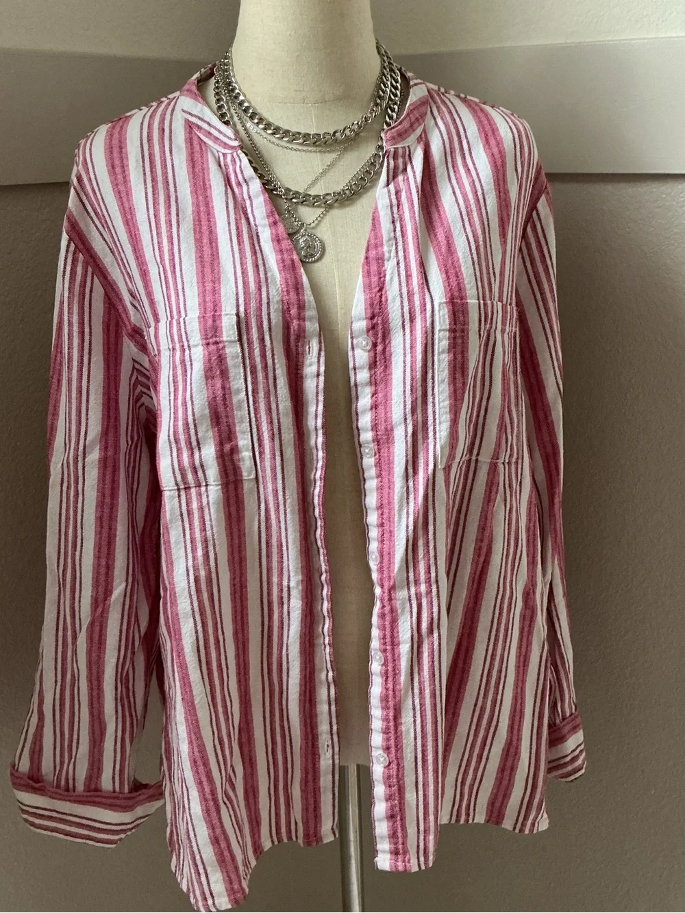 Nine West Pink and White Linen blend Striped Button-Down V-Neck Shirt - Picture 2 of 7